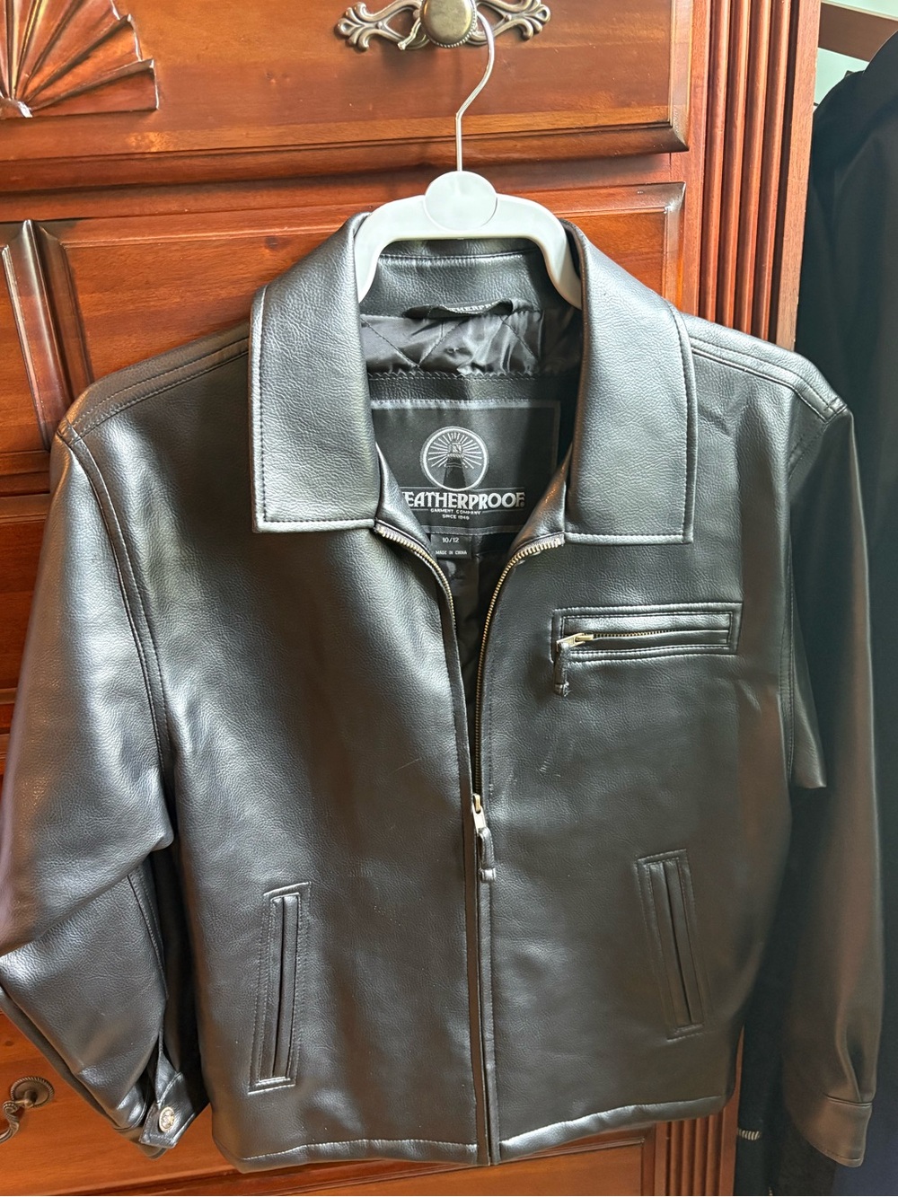 Boys’ “Leather” Black Jacket, Zip-Up, Size 10/12, Quilted Liner